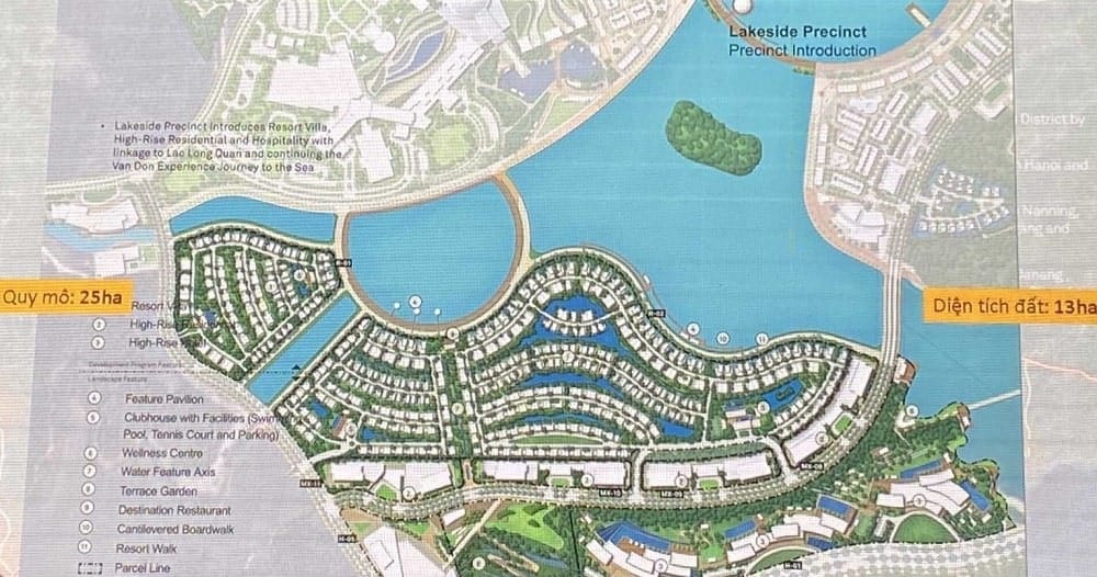 Bản đồ quy hoạch phân khu Lakeside trong dự án Sun Mê Linh, quy mô 25ha với các dãy biệt thự ven hồ, căn hộ cao tầng, tiện ích nghỉ dưỡng như hồ bơi, sân tennis, wellness center và đường dạo bộ ven hồ.