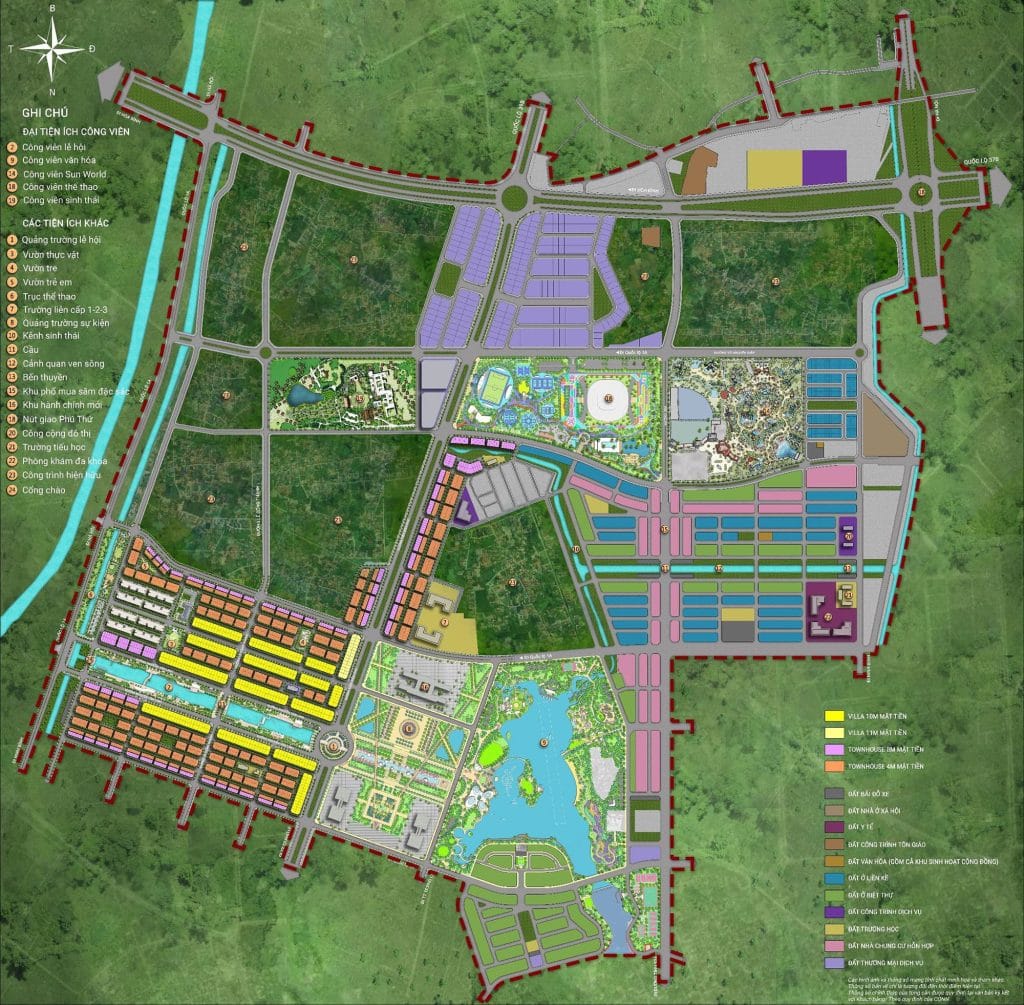 Bản đồ mặt bằng tổng thể khu đô thị Sun Group Mê Linh, hiển thị chi tiết các khu biệt thự, nhà phố thương mại, hồ điều hòa, công viên lớn, quảng trường, trường học và tuyến đường giao thông nội khu.