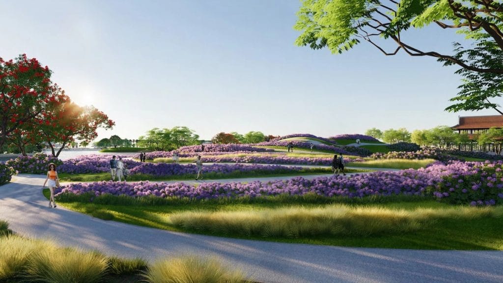 Hình ảnh vườn hoa tím rộng lớn trong dự án Sun Mê Linh, với những lối đi uốn lượn giữa thảm hoa, cây xanh, cư dân đang tản bộ và thư giãn dưới ánh nắng dịu nhẹ.