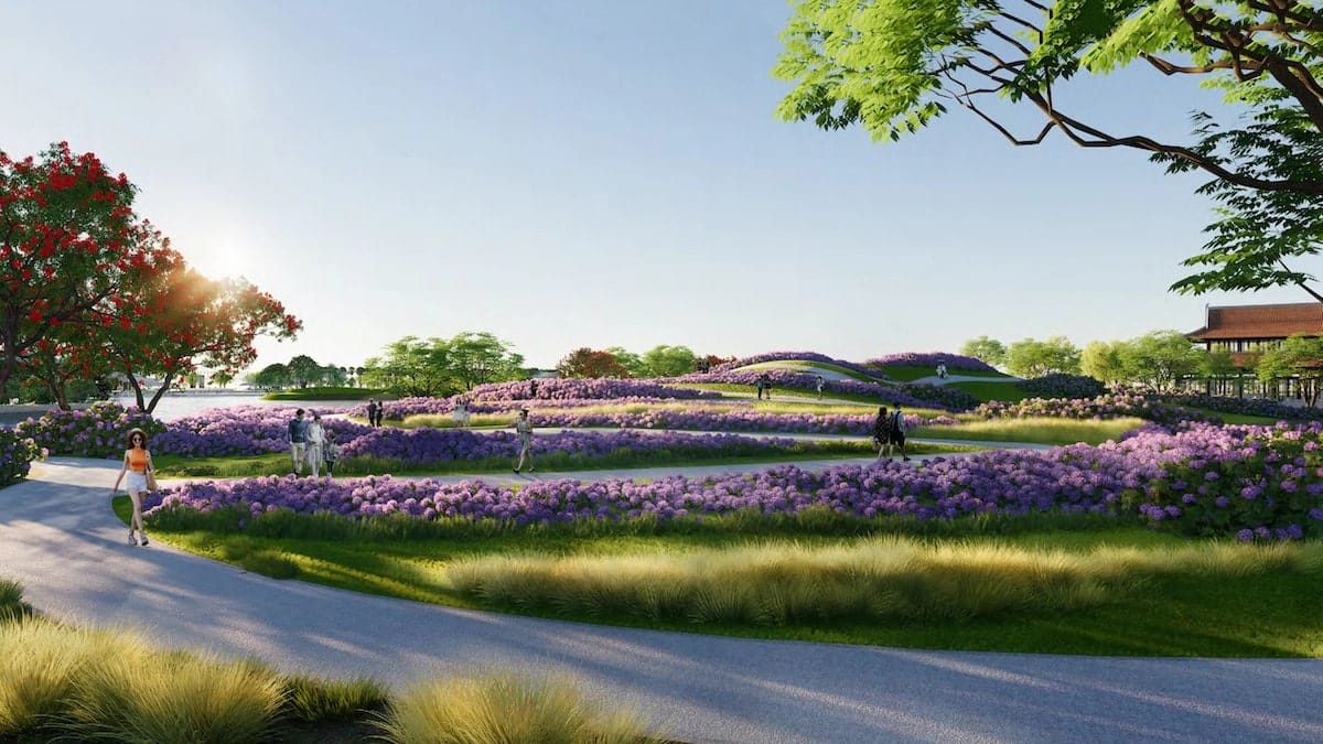 Hình ảnh vườn hoa tím rộng lớn trong dự án Sun Mê Linh, với những lối đi uốn lượn giữa thảm hoa, cây xanh, cư dân đang tản bộ và thư giãn dưới ánh nắng dịu nhẹ.