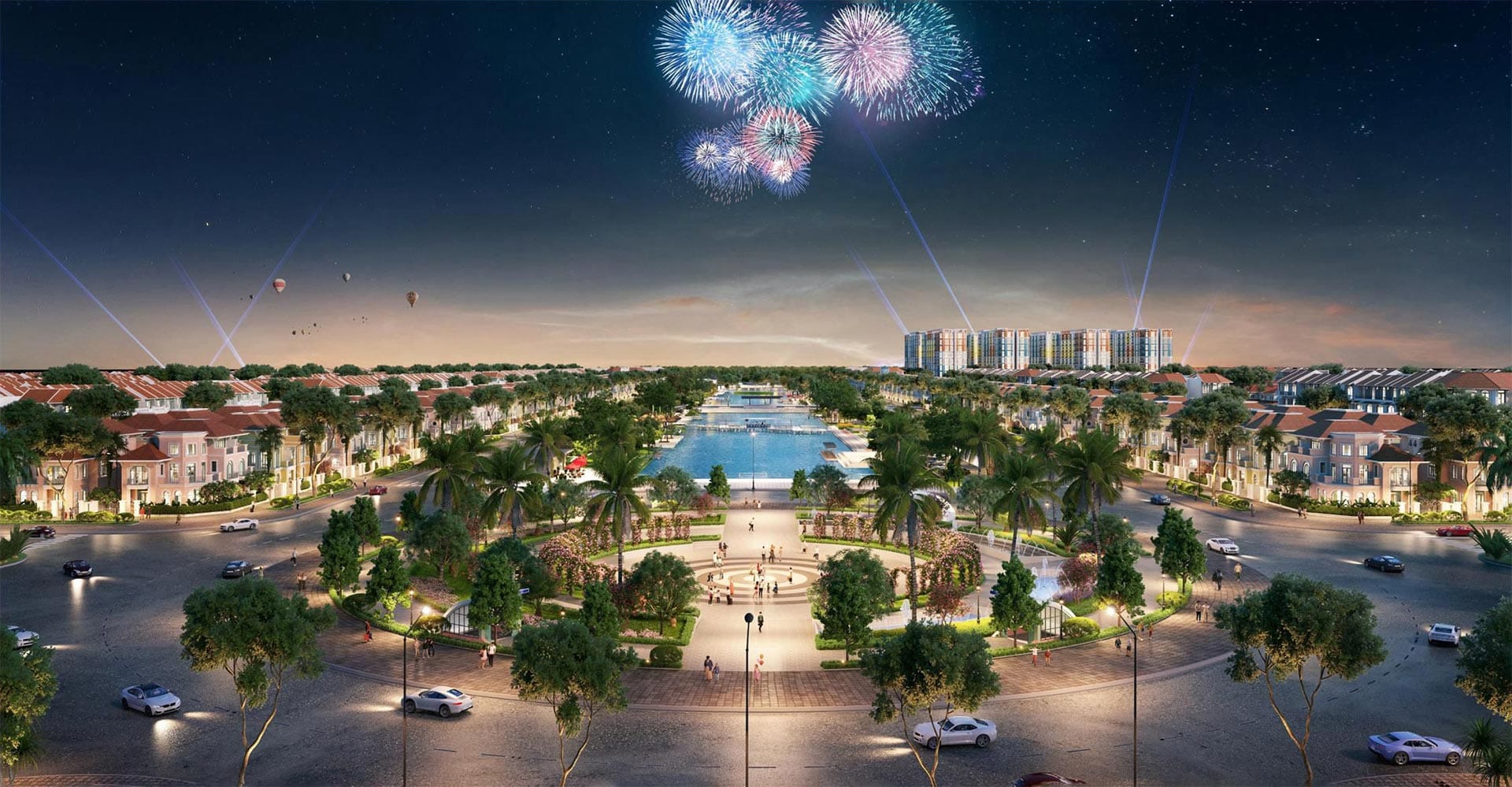 Quảng trường trung tâm: Không gian rộng lớn dành cho các hoạt động cộng đồng, hội chợ cuối tuần và các buổi trình diễn nhạc nước nghệ thuật.