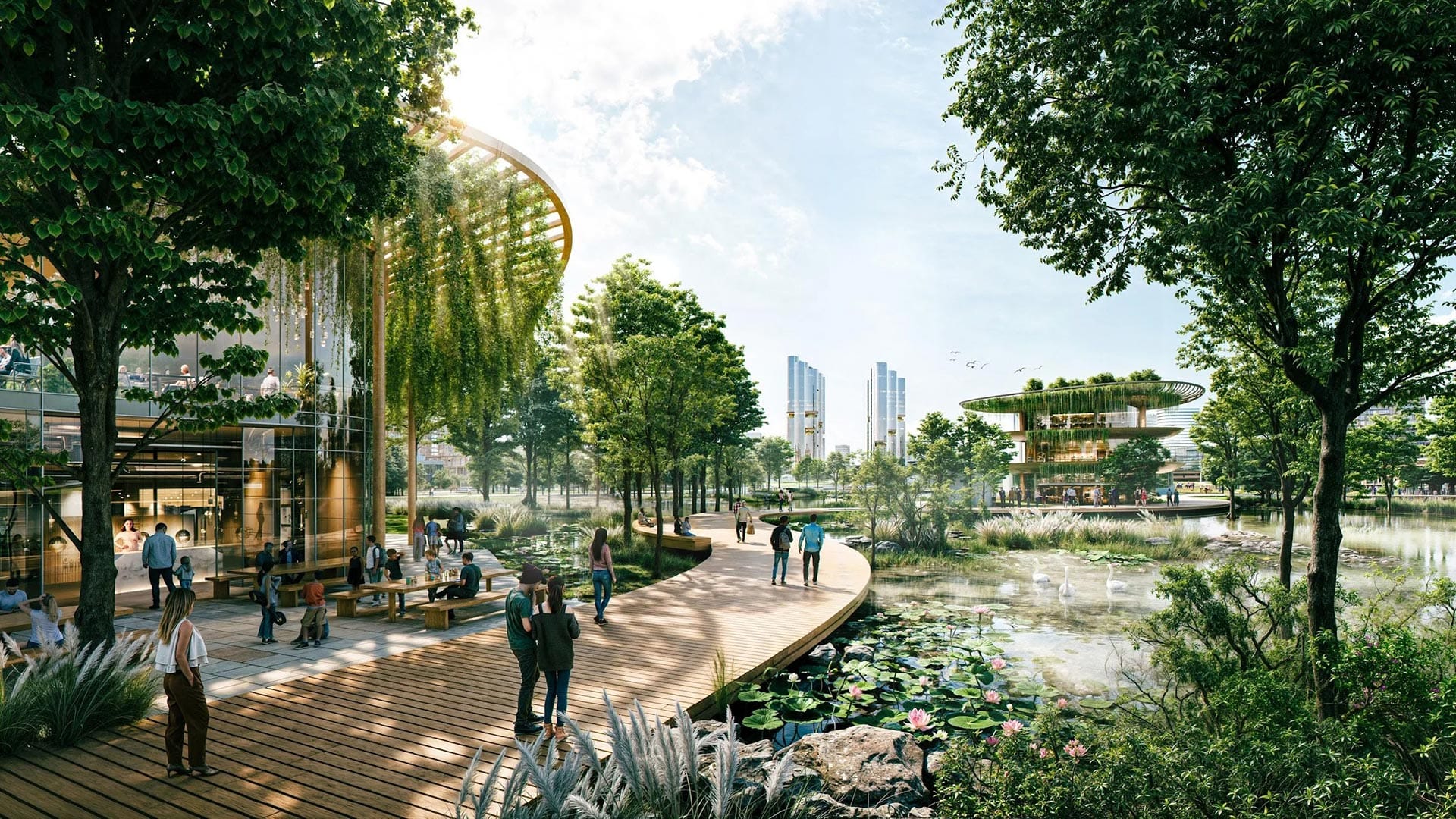 Đường dạo bộ ven hồ: Những con đường dạo bộ uốn lượn quanh hệ thống hồ điều hòa và vườn hoa là không gian lý tưởng để cư dân chạy bộ vào buổi sáng hoặc thư giãn vào buổi chiều tà, tận hưởng bầu không khí trong lành mà nội đô không bao giờ có được.