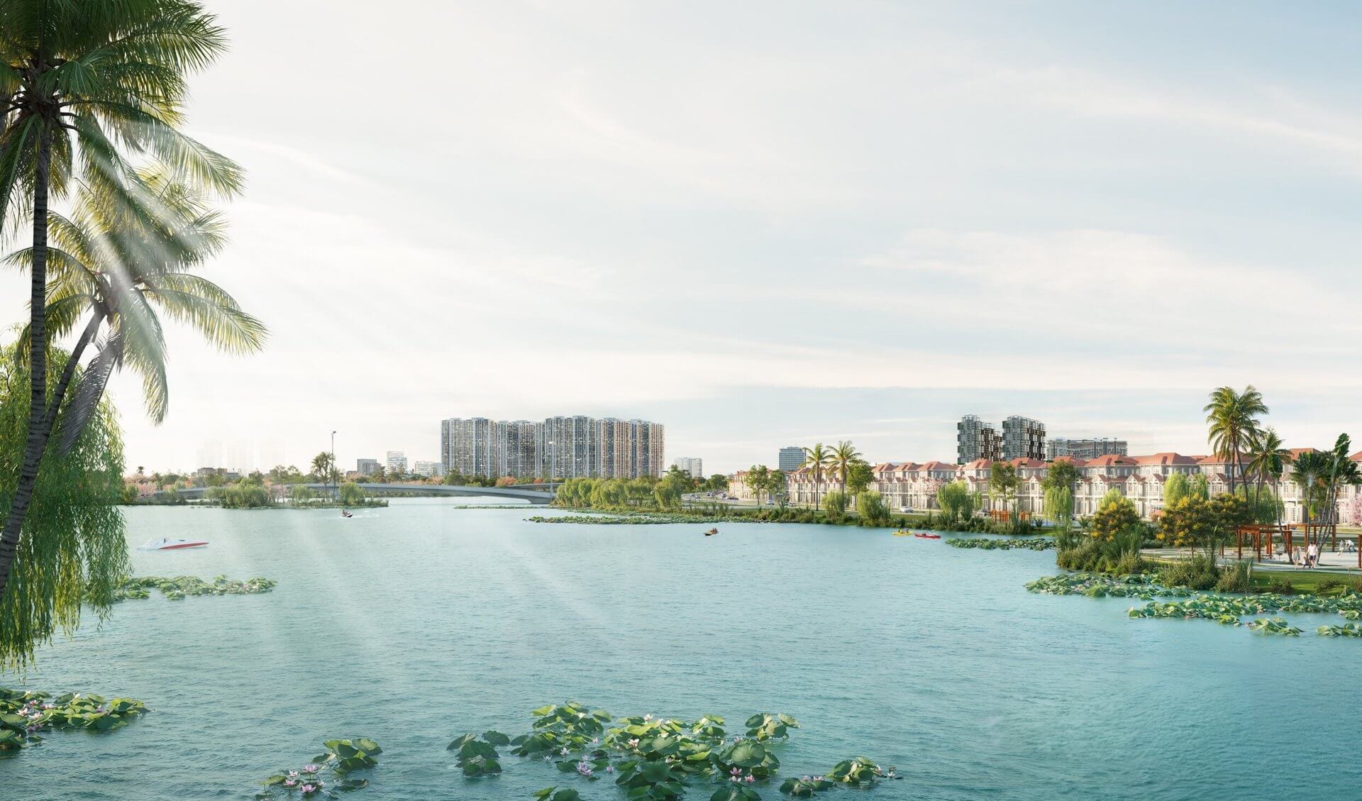 Phối cảnh hồ cảnh quan trung tâm tại dự án Sun Mê Linh với mặt nước rộng lớn, không gian xanh ven hồ và hệ thống nhà ở đồng bộ, kiến tạo khu đô thị sinh thái hiện đại phía Bắc Hà Nội.
