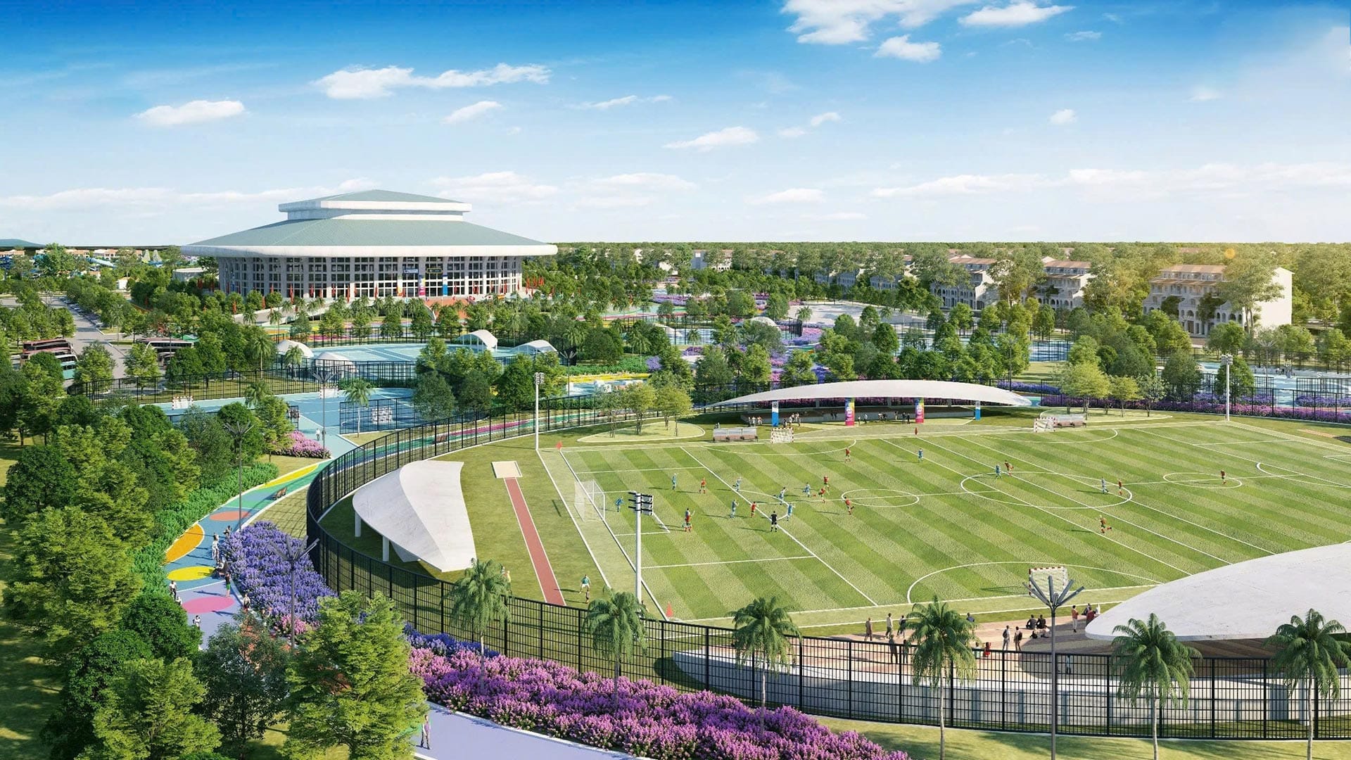 Công viên thể thao đa năng: Hệ thống sân tennis, sân bóng rổ, sân cầu lông và các khu vực tập gym ngoài trời (outdoor gym) được phân bổ đều khắp các phân khu, khuyến khích tinh thần vận động cộng đồng.